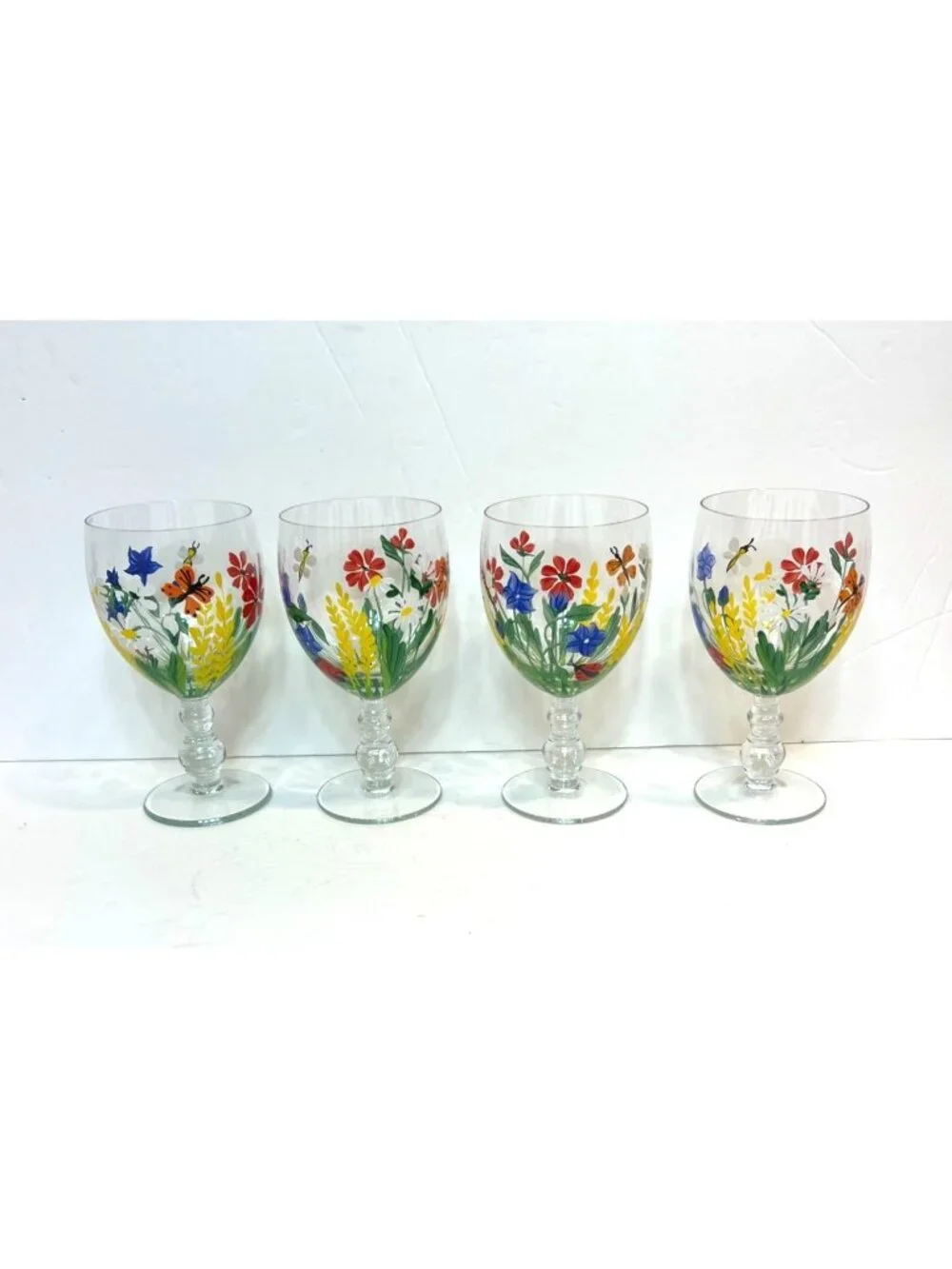 Vintage Floral Royal Danube Water Goblets Romania Set Of 4 Hand-Painted Glasses